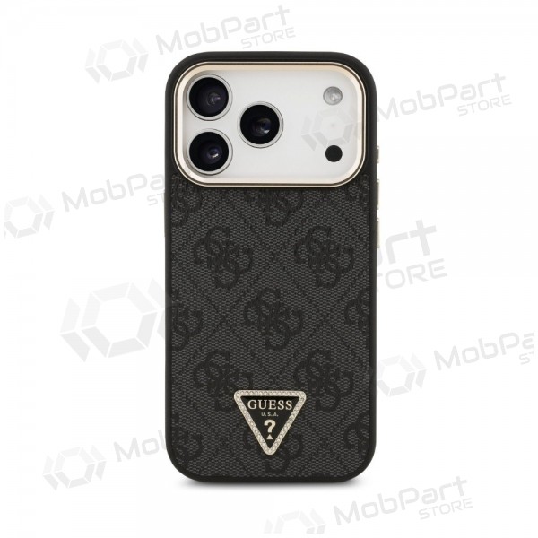 Apple iPhone 18 Pro deksel - Guess PU Leather 4G Strass Triangle Logo Gold Frame MagSafe (svart)