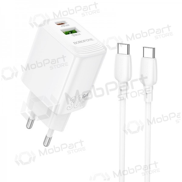 Telefonlader Borofone BN29 30 W USB-C + USB-A med USB-C kabel 1 m hvit