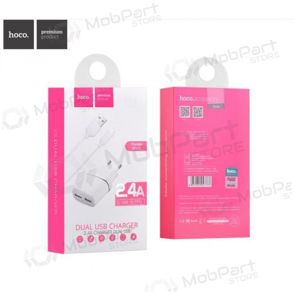 Lader HOCO C12 Smart Dual USB + microUSB kabel (2.4A) (hvit)
