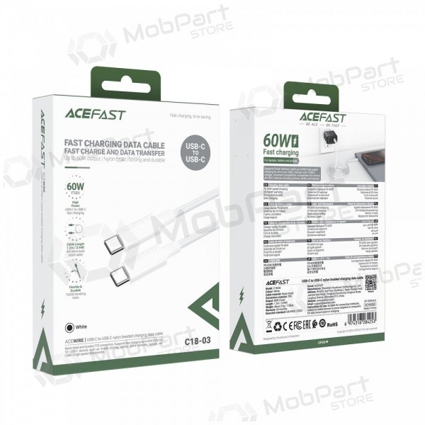 USB kabel Acefast C18-03 60W USB-C to USB-C 1.2m hvit