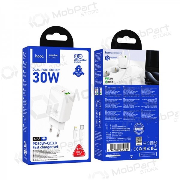 Telefonlader Hoco N63 30 W GaN USB-C + USB-A med Lightning-kabel 1 m hvit