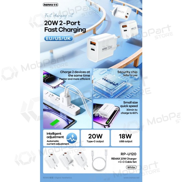Telefonlader Remax RP-U120 20 W USB-C + USB-A med USB-C-kabel 1 m hvit