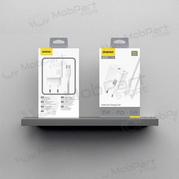 Lader Dudao A27C GaN 25W USB-C + USB-C til USB-C kabel 1.0m hvit
