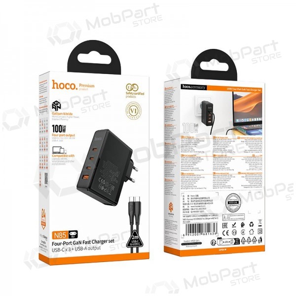 Hoco N85 100 W 3x USB-C + USB-A nettverkslader med USB-C-kabel 2 m svart