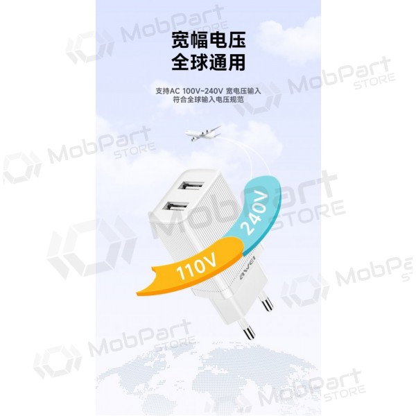 Lader Awei C15T-EU 2xUSB-A 10W + USB to USB-C cable hvit