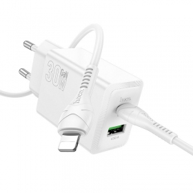 Telefonlader Hoco N71 30 W GaN USB-C + USB-A med Lightning-kabel 1 m hvit