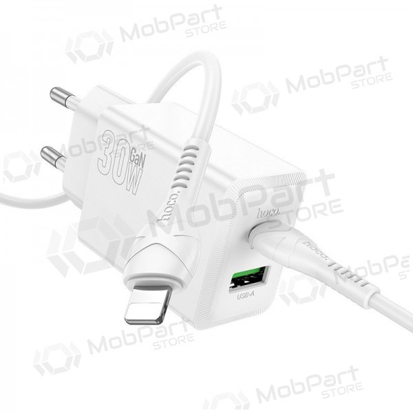 Telefonlader Hoco N71 30 W GaN USB-C + USB-A med Lightning-kabel 1 m hvit