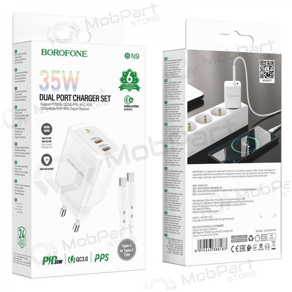 Lader buitinis Borofone BN9 2xType-C 35W + Type-C hvit