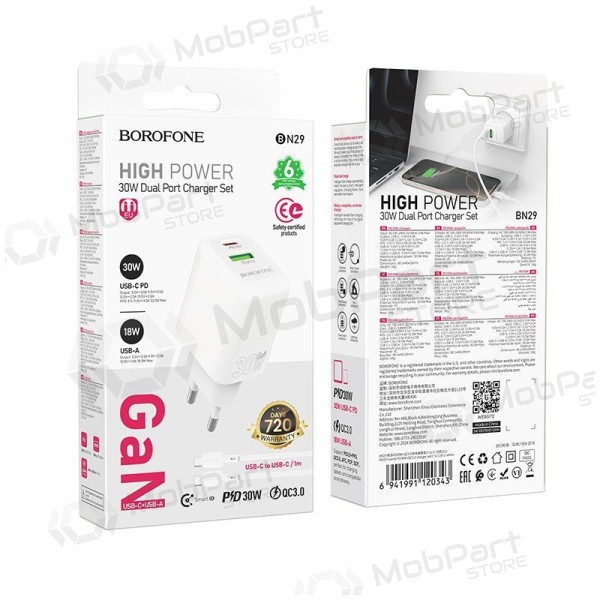 Telefonlader Borofone BN29 30 W USB-C + USB-A med USB-C kabel 1 m hvit