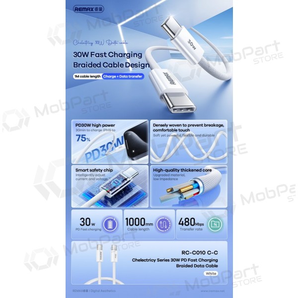 USB kabel Remax RC-C010 USB-C to USB-C 30W 1.0m hvit