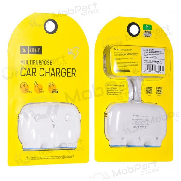 Lader for biler HOCO C1 TRIPLE + USB (5V 3.1A) (hvit)