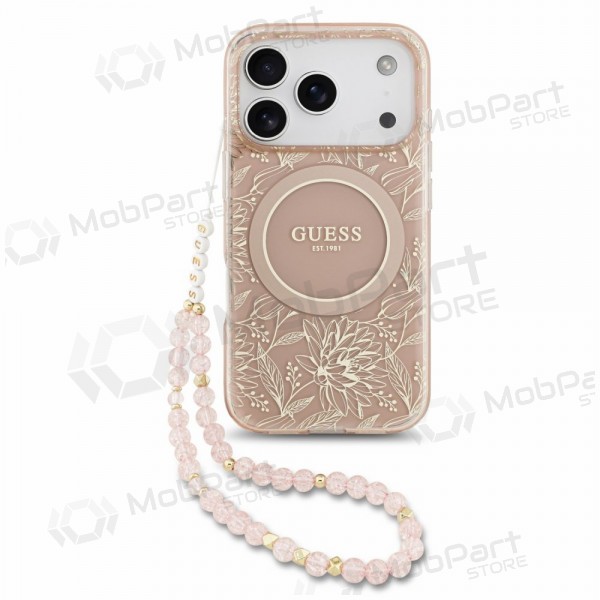 Apple iPhone 18 Pro deksel - Guess IML Flowers Allover Strap MagSafe (rosa)