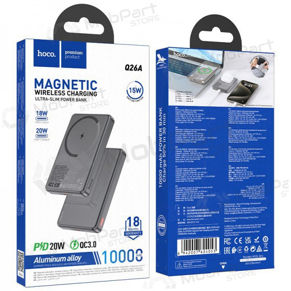 Powerbank Power Bank Hoco Q26A PD20W Magnetic 10000mAh svart Powerbank Power Bank Hoco Q26A PD20W Magnetic 10000mAh svart