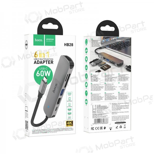 USB-C-adapter Hoco HB28 USB-C til HDMI + USB 3.0 + USB 2.0 + SD + TF + PD grå