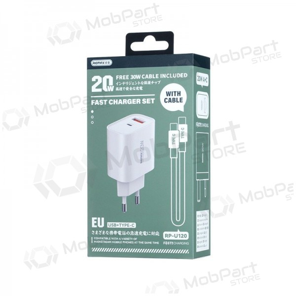 Telefonlader Remax RP-U120 20 W USB-C + USB-A med USB-C-kabel 1 m hvit