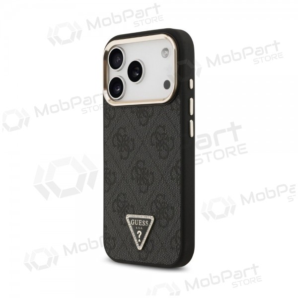 Apple iPhone 18 Pro deksel - Guess PU Leather 4G Strass Triangle Logo Gold Frame MagSafe (svart)