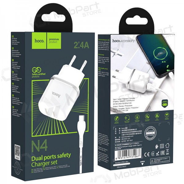 Lader Hoco N4 X 2 USB  jungtimis + Type-C (2.4A) (hvit)