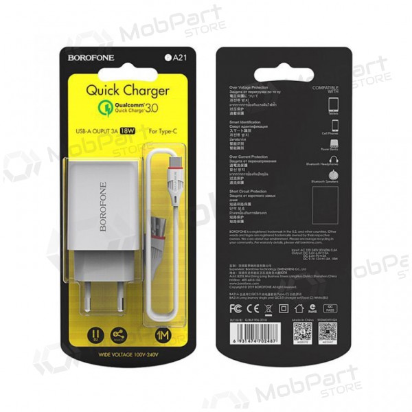 Lader BOROFONE BA21A Long journey QC3.0 USB + Type-C kabel 18W (3.6V-6.5V/3A, 6.6V-9V/2A, 9.1V-12V/1.5A) (hvit)