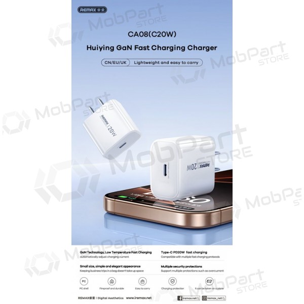 Telefonlader Remax CA08 20 W USB-C hvit