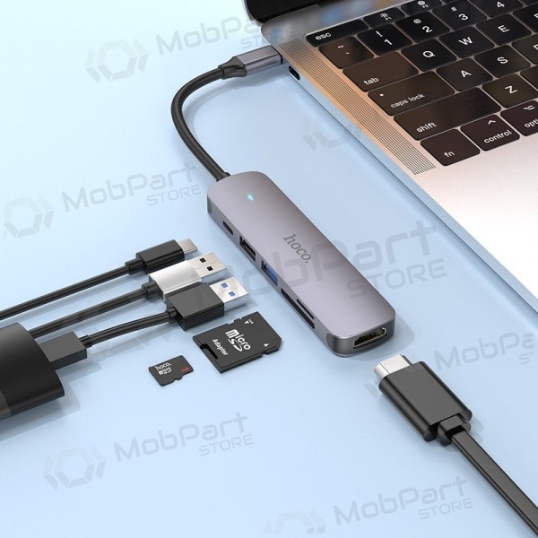 USB-C-adapter Hoco HB28 USB-C til HDMI + USB 3.0 + USB 2.0 + SD + TF + PD grå