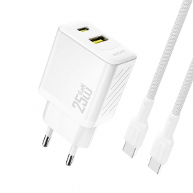 Telefonlader Dudao A26TC 25 W GaN USB-C + USB-A med USB-C-kabel 1 m hvit