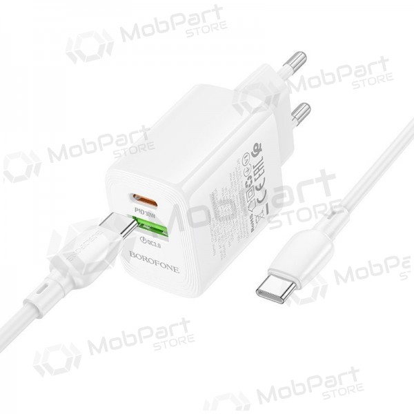 Telefonlader Borofone BN29 30 W USB-C + USB-A med USB-C kabel 1 m hvit
