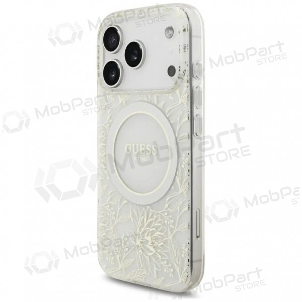 Apple iPhone 18 Pro deksel - Guess IML Flowers Allover Strap MagSafe (hvit)