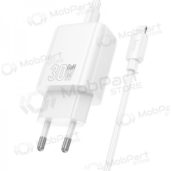 Telefonlader Hoco N63 30 W GaN USB-C + USB-A med Lightning-kabel 1 m hvit