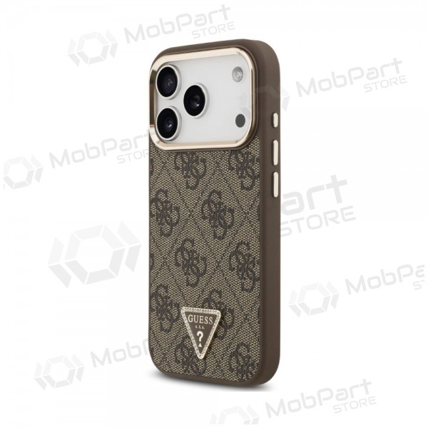 Apple iPhone 18 Pro deksel - Guess PU Leather 4G Strass Triangle Logo Gold Frame MagSafe (brun)