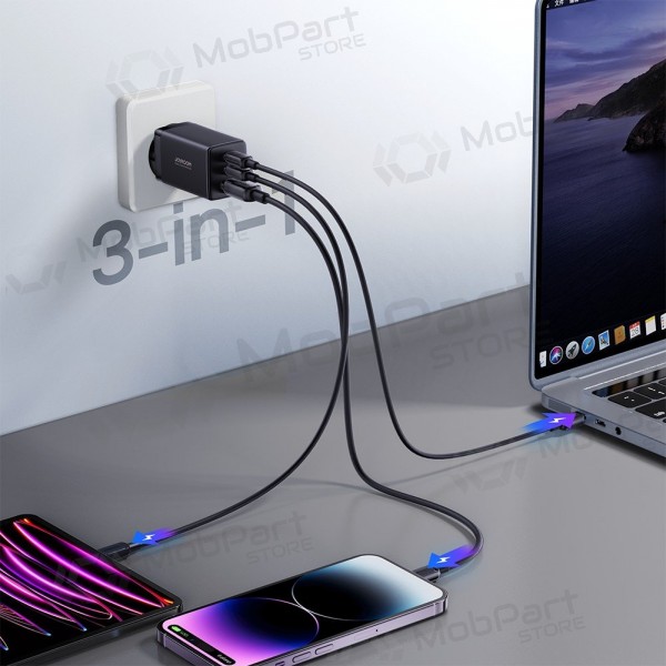Lader buitinis Joyroom GaN JR-TCG01 2xUSB-C/USB-A 65W + USB-C cable 1.2m svart