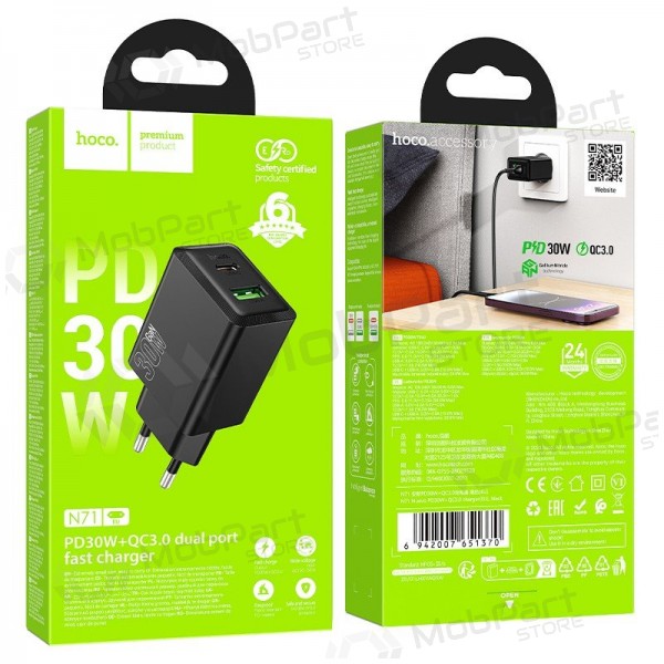 Telefonlader Hoco N71 30 W GaN USB-C + USB-A svart