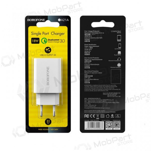 Lader BOROFONE BA21A Long journey QC3.0 USB 18W (3.6V-6.5V/3A, 6.6V-9V/2A, 9.1V-12V/1.5A) (hvit)