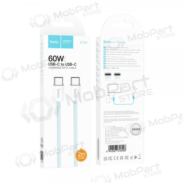 USB kabel Hoco X104 60W USB-C to USB-C 2.0m hvit
