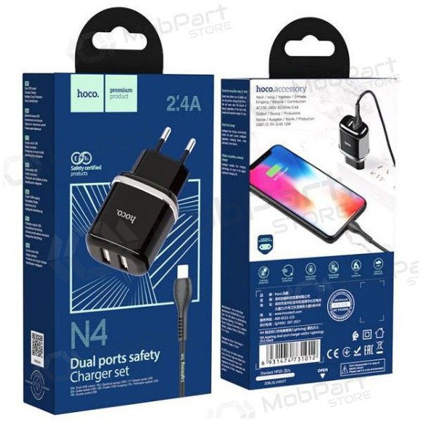 Lader HOCO N4 Aspiring Dual USB + type-C kabel (5V 2.4A) (svart)
