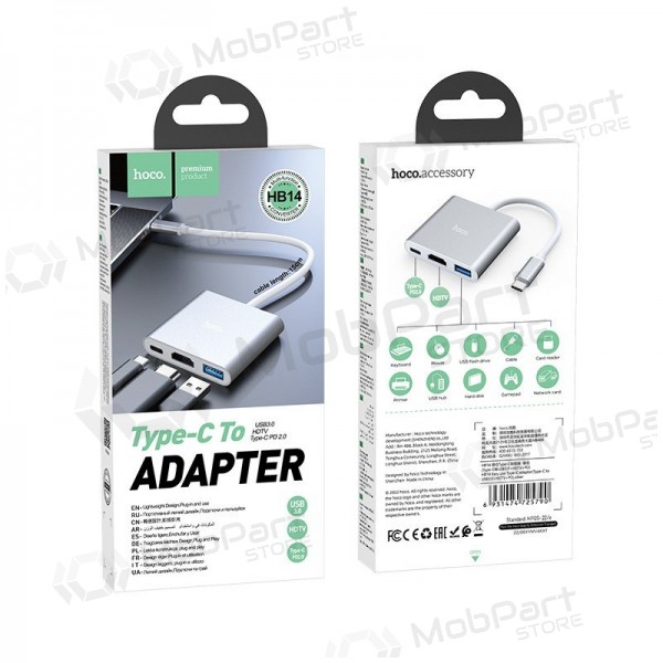 Adapter Hoco HB14 Type-C to USB-A+HDMI+Type-C sølvgrå