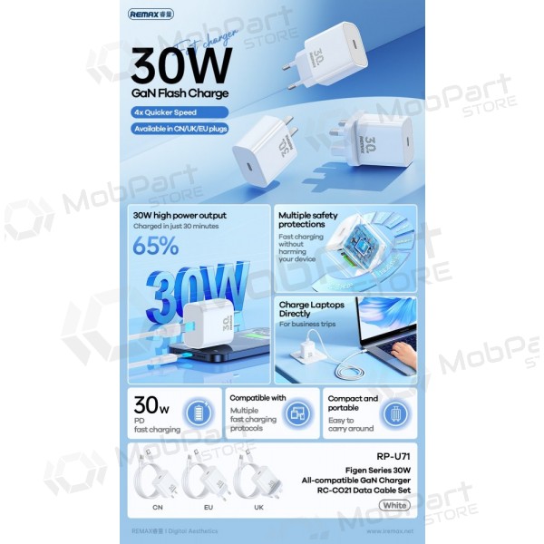 Telefonlader Remax RP-U71 30 W GaN USB-C med USB-C-kabel 1 m hvit