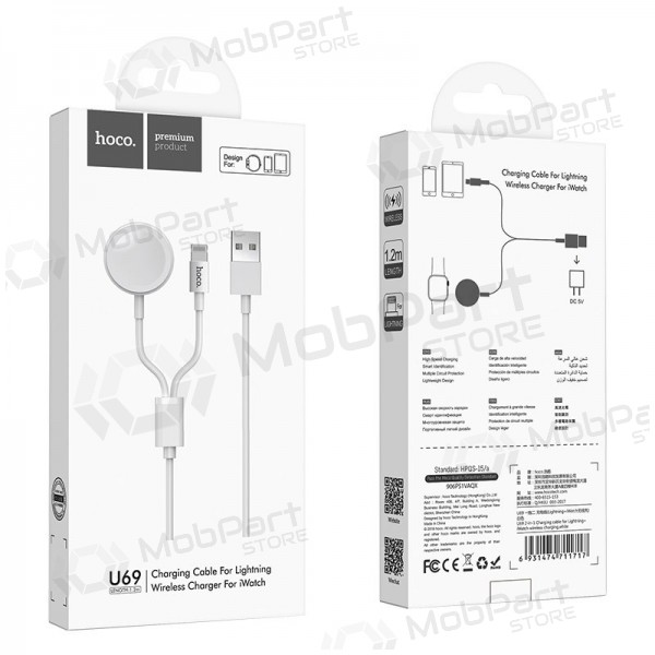 USB kabel HOCO U69 lightning 1.0m (with iWatch wireless charger) (hvit)
