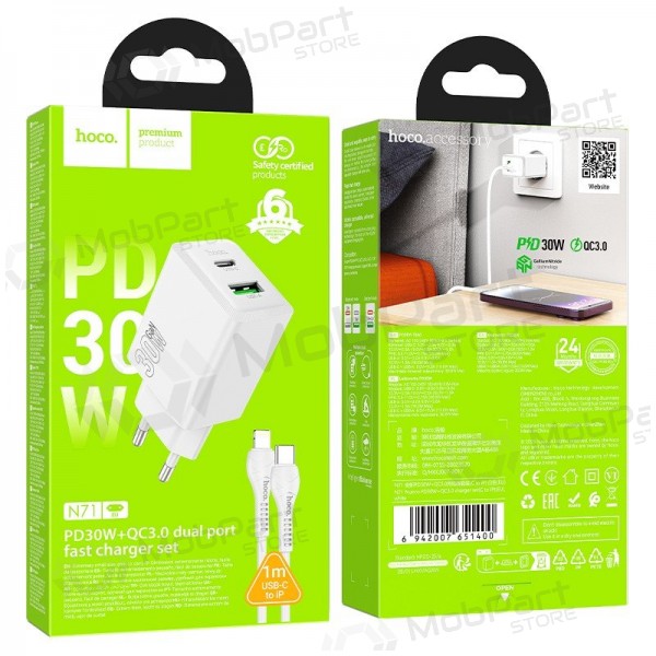 Telefonlader Hoco N71 30 W GaN USB-C + USB-A med Lightning-kabel 1 m hvit
