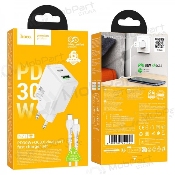 Telefonlader Hoco N71 30 W GaN USB-C + USB-A med USB-C-kabel 1 m hvit