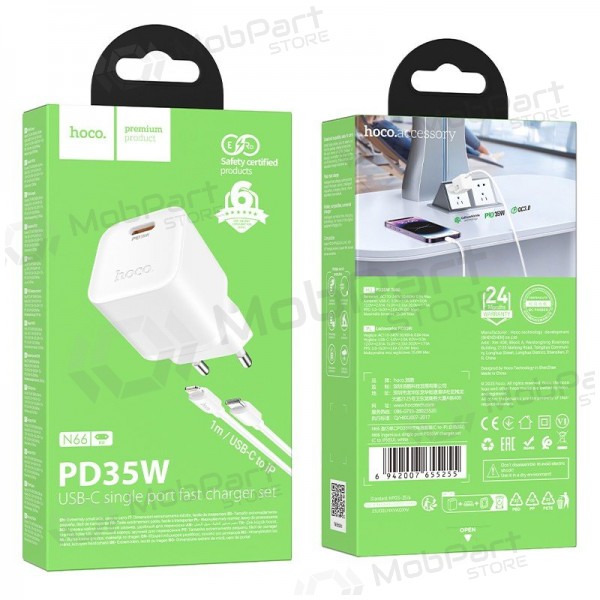Telefonlader Hoco N66 35 W GaN USB-C + USB-A med Lightning-kabel 1 m hvit