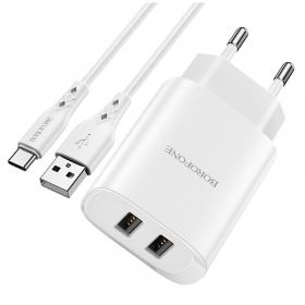 Lader Borofone BN2 2xUSB 2.1A + USB Type-C (hvit)