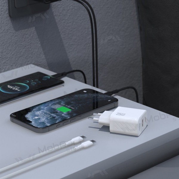Telefonlader Dudao A26TC 25 W GaN USB-C + USB-A med USB-C-kabel 1 m hvit