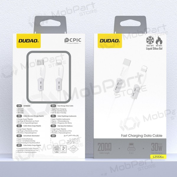 Lightning-kabel Dudao L25SX USB-C til Lightning 2 m 30 W hvit
