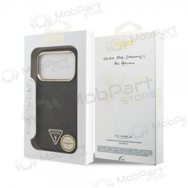 Apple iPhone 18 Pro deksel - Guess PU Leather 4G Strass Triangle Logo Gold Frame MagSafe (svart)