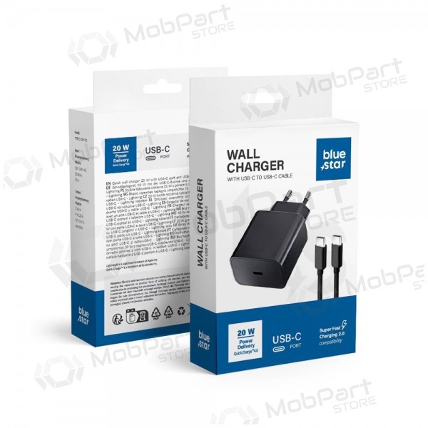 Telefonlader Blue Star 20 W USB-C med USB-C-kabel svart