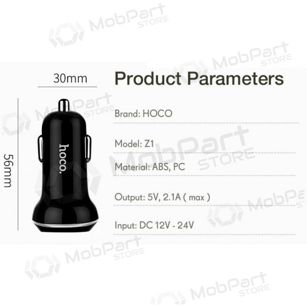 Lader for biler HOCO Z1 Dual USB (5V 2.1A) (hvit)