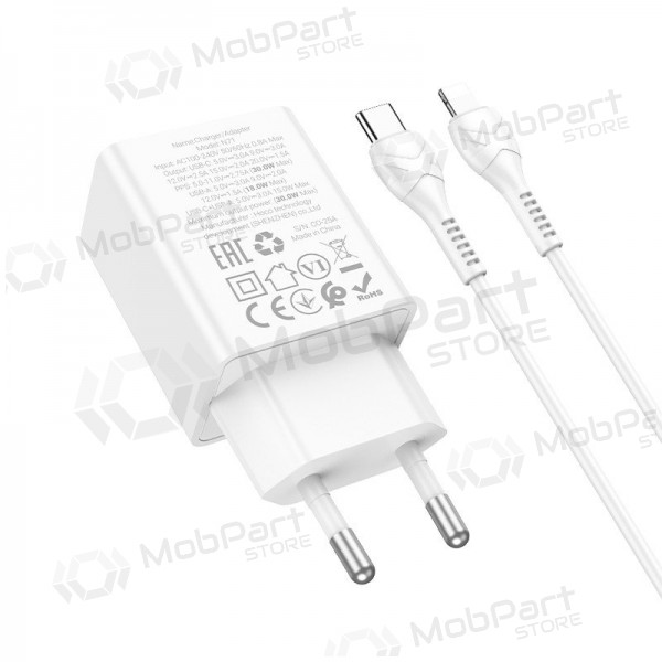 Telefonlader Hoco N71 30 W GaN USB-C + USB-A med Lightning-kabel 1 m hvit