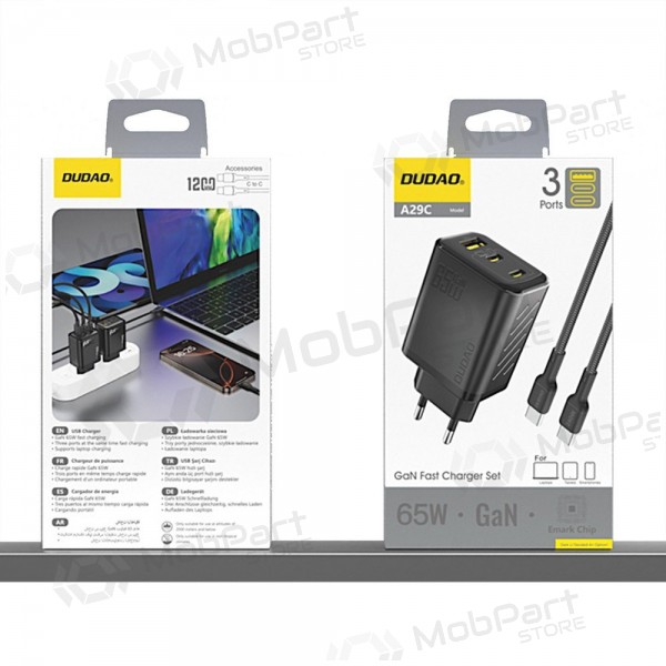 Telefonlader Dudao A28PC 45 W GaN 2x USB-C med USB-C-kabel 1 m svart