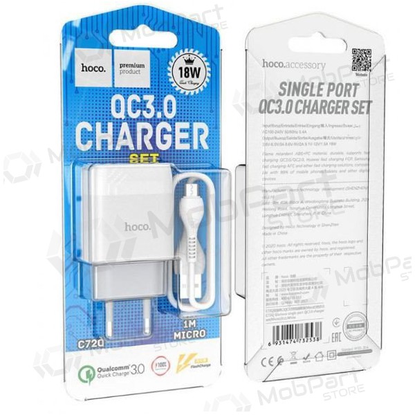 Lader HOCO C72Q Glorious USB + microUSB kabel (QC3.0) (hvit)