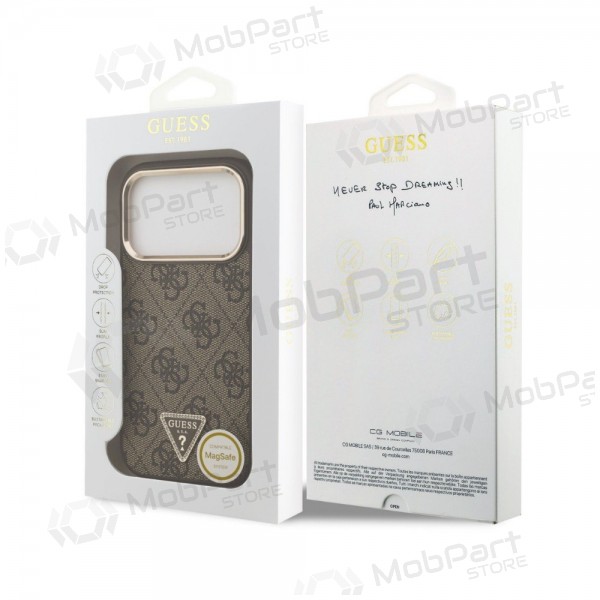 Apple iPhone 18 Pro deksel - Guess PU Leather 4G Strass Triangle Logo Gold Frame MagSafe (brun)